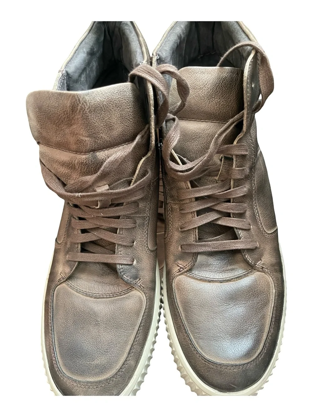 John Varvatos Brown Distress Leather High-Top Sneakers with Cream Sole.